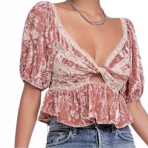 FP yours truly velvet lace trim top in mauve NWT size small womens